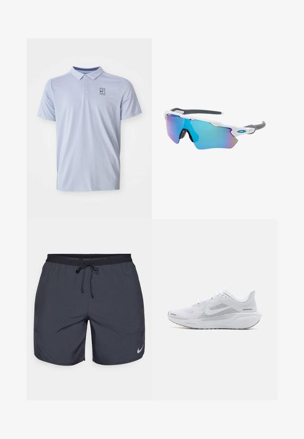 Šviesiai mėlynas polo marškinėliai su apykakle, trumpomis rankovėmis ir subtilia tekstūruota rašte. Apatinėje kairėje pusėje yra mažas tamsus logotipas.; Nike bėgimo šortai tamsiai pilki, su elastine juostele ir raišteliu, bei sidabriniu logotipo akcentu apatiniame dešiniajame šlaunies kampe.; Balti sportiniai batai su orui pralaidžia viršutine dalimi, lygaus tekstūros apdaila, pilkais akcentais, raišteliais ir paminkštintu padu, skirtu našumui užtikrinti.; Akiniai nuo saulės su balta rėmeliu, pilkų akcentų ir mėlynais veidrodiniais objektyvais. Sportiškas dizainas, aplink galvą prilipusios formos ir reguliuojamos nosies pagalvėlės.