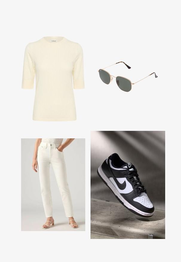 Maglione corto a maniche corte di colore crema con scollatura tonda e polsini a costine a contrasto, caratterizzato da una texture morbida e una silhouette aderente.; Jeans bianchi a vita alta con taglio dritto, dotati di tasche anteriori, chiusura a bottone e texture in denim liscia. Indossati con sandali leggeri.; Sneaker Nike Dunk Low in bianco e nero con tomaia in pelle, punta perforata e lacci neri, caratterizzata da una suola bianca e dettagli del logo.; Occhiali da sole con montatura in metallo dorato e lenti verde scuro, stile aviator, con aste sottili e dettagli in tartaruga sulle punte.; Borsa a tracolla in pelle trapuntata nera con una catena decorativa. Texture morbida, forma strutturata e silhouette morbida.