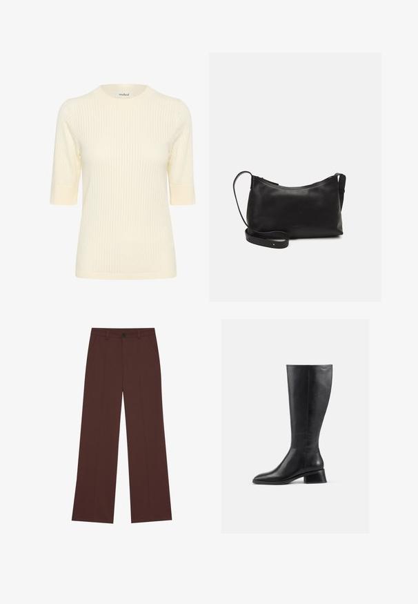 Krémový rebrovaný sveter s krátkym rukávom a okrúhlym výstrihom, s kontrastnými rebrovanými manžetami, ktorý má jemnú textúru a priliehavý strih.; Široké nohavice z bohatého hnedého materiálu. Majú zapínanie na gombík, dve predné vrecká, hladkú textúru a čisté línie.; Čierna kožená čižma po kolená s okrúhlou špičkou a nízkym blokovým opätkom. Má hladký povrch a minimálne švy.; Čierna kožená ramenná taška s hladkou textúrou, zakriveným tvarom, nastaviteľným popruhom a zipsom. Minimalistický dizajn bez ozdôb.