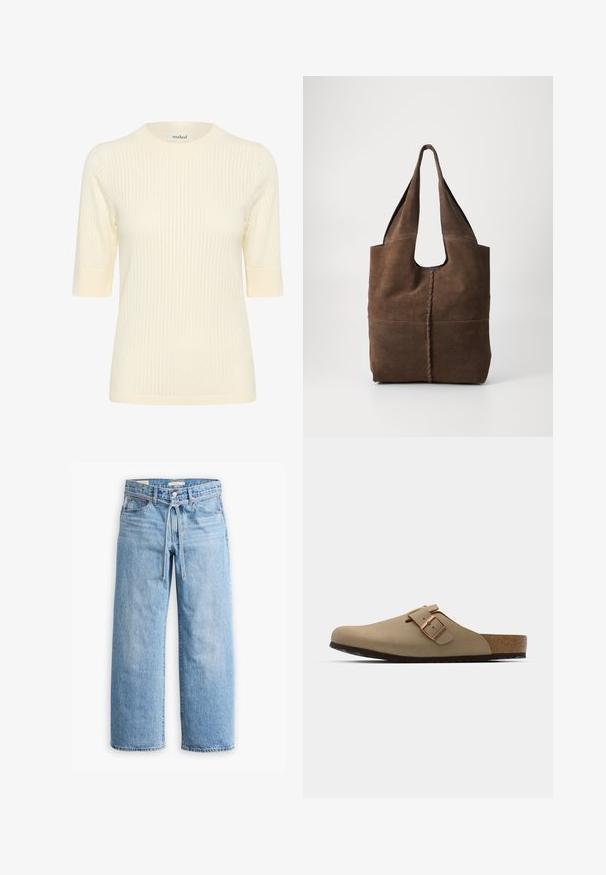 Pulover scurt cu maneci scurte, de culoare crem, cu guler rotund și manșete ribbrate contrastante, având o textură moale și o siluetă ajustată.; Jeanși cu talie înaltă, de culoare albastru deschis, cu picioare largi, închidere cu nasture și fermoar, și detaliu cu șnur la talie. Terminare brută a marginii.; Saboți bej cu vârf rotund, accent cu cataramă ajustabilă și talpă din plută. Suprafață texturată cu o talpă din cauciuc negru pentru aderență.; Geantă tote din suede maro, cu un design lejer, având două mânere lungi, o cusătură centrală și un finisaj brut.