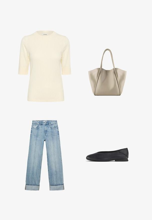 Cremefarvet ribbet kortærmet sweater med rund halsudskæring og kontrasterende ribbede manchetter, der har en blød tekstur og en tætsiddende silhuet.; Lys blå denim brede bukser med høj talje, der har fem lommer, synlige syninger og opsmøgede sømme ved manchetten.; Sorte læder flade sko med rund tå og lav hæl, designet til både casual og formelt brug.; Beige læder tote bag med en rummelig, struktureret design. Har to lange håndtag og subtile syninger; ingen synlig hardware.