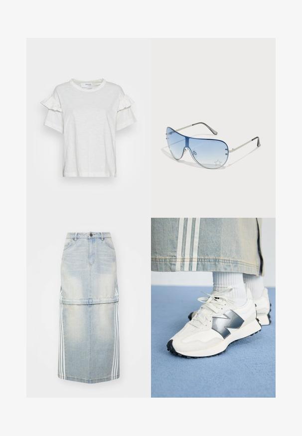 Balta īsām piedurknēm T-kreklu, izgatavotu no viegla auduma, ar volānu akcentiem uz piedurknēm un apaļu kakla izgriezumu. Vienkāršs, tīrs dizains.; Gaiši zils denim midi svārks ar sānu svītrām, pieguļošu vidukli un priekšējām kabatām. Nolietots raksts piešķir detaļas.; Baltie sporta apavi ar sudraba akcentu, teksturētu audumu un gludu ādu; aprīkoti ar melnu gumijas zoli un šņorēm.; Pilotstila saulesbrilles ar gradienta zilām lēcām, sudraba metāla rāmjiem un dekoratīvām zvaigžņu akcentiem uz lēcām. Gluda un eleganta dizaina.