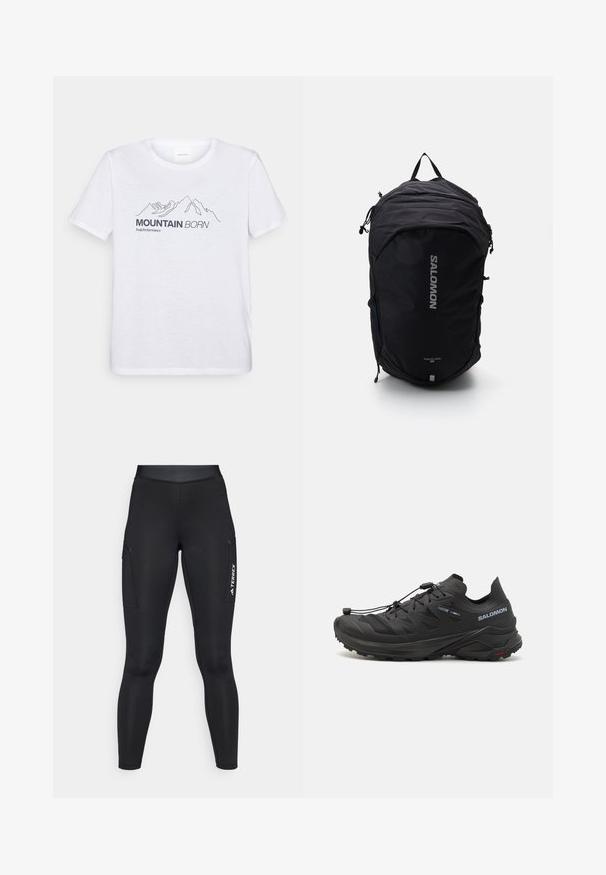 Peak Performance EXPLORE GRAPHIC TEE - Camiseta estampada - white; Leggings atléticos negros con un diseño ajustado, hechos de material elástico. Cuentan con bolsillos laterales y la marca "TERREX" en blanco.; Zapatillas de trail running negras con un upper texturizado, paneles de malla y un sistema de cierre seguro. Cuenta con una suela robusta para mayor tracción.; Mochila negra con un diseño aerodinámico, tejido texturizado, correas ajustables y un prominente logo plateado de "SALOMON" en la parte frontal.