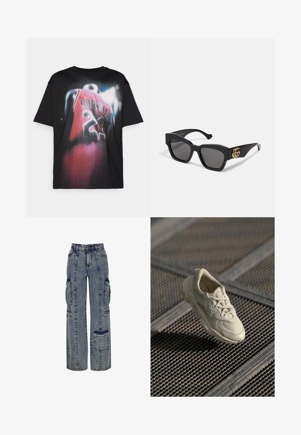 Mustaharju musta puuvillane T-särk, millel on graafiline print mängijast punases jerses, millel on kirjutatud "JORDAN" ja number "23", ning hägune disainiefekt.; Vaaleansiniset farkkucargo-housut. Ominaisuuksina leveät lahkeet, useita sivutaskuja ja tumman farkunvärisiä yksityiskohtia. Rakennettu näkyvillä saumoilla.; Beige-kenkä, jossa on teksturoitu kangas, kontrastiväriset sileät yksityiskohdat, pyöreä pohja ja nauhat, roikkuu ruudullisen pinnan yläpuolella.; Mustat suorakaiteen muotoiset aurinkolasit tummilla linsseillä, joissa on kultainen GG-logo sivussa. Valmistettu kiiltävästä muovista ja suorat tempurivarret.; Musta synteettisestä nahasta valmistettu käsilaukku, jossa on kaareva muotoilu, vetoketjullinen etutasku ja koristeelliset metalliosat, sekä irrotettava pyöreä kolikkopussi.