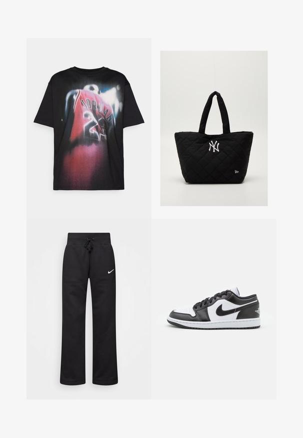 Czarny T-shirt bawełniany z graficznym nadrukiem gracza w czerwonym dresie z napisem "JORDAN" i numerem "23", z efektem wyblakniętego wzoru.; Czarne dresy wykonane z mieszanki bawełny, z elastycznym pasem ze sznurkiem, prostymi nogawkami i białym logo Nike po lewej stronie.; Czarno-białe niskie sneakersy Nike mają górną część wykonaną z gładkiej skóry, okrągły czubek, związane zapięcie oraz wzorzystą gumową podeszwę.; Kwiatowa czarna torba na ramię z podwójnymi uchwytami, z białym logo New York Yankees i małym emblematem marki z boku.