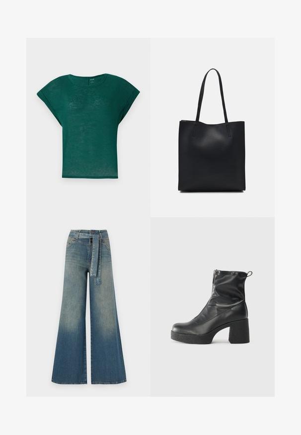 Tyrkysově zelená košile s krátkým rukávem, kulatým výstřihem a volným střihem. Měkká, lehká látka s mírně průsvitnou strukturou.; Džínové kalhoty širokého střihu s přechodem od světlé k tmavě modré, vysokým pasem, poutky na opasek a odpovídajícím opaskem ze stejného materiálu. Texturovaná džínovina.; Černé kotníkové boty vyrobené z hladké kůže, s bočním zipem, robustním strukturovaným podpatkem a kulatou špičkou.; Černá kožená taška přes rameno s hladkým povrchem, obdélníkovým tvarem a dvěma dlouhými uchy. Žádné viditelné kování ani ozdoby.