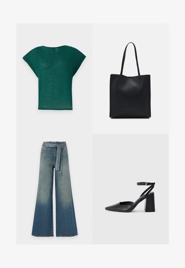 Tee Groen short-sleeve shirt met een ronde halslijn en een relaxte fit. Zacht, lichtgewicht stof met een licht doorschijnende textuur.; Wijduitlopende denim broek met een lichte naar donkere blauwe gradient, hoge taille, riemlussen en een bijpassende stoffen riem. Gestructureerde denimafwerking.; Zwarte leren puntige pump met een enkelbandje en een chunky hak. Vlakke textuur, strakke vormgeving en minimalistische esthetiek.; Zwarte leren handtas met een gladde textuur, rechthoekige vorm en twee lange handvaten. Geen zichtbare hardware of versieringen.
