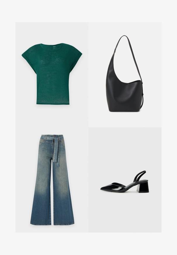 Cămașă scurtă de culoare verde teal cu guler rotund și croială lejeră. Material moale, ușor, cu o textură ușor transparentă.; Pantaloni din denim largi, cu un gradient de la albastru deschis la albastru închis, talie înaltă, bucle pentru curea și o curea din același material. Finisaj texturat din denim.; Pantofi cu toc slingback din piele lacuită neagră, cu vârf ascuțit și toc geometric. Prezintă un design elegant, minimalist și o textură netedă.; Geantă hobo din piele neagră, cu o textură netedă, formă curbată și un singur bretele ajustabil; are o deschidere largă în partea de sus.