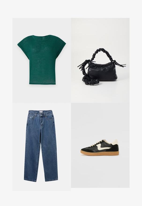 Maglietta verde teal a maniche corte con scollatura rotonda e vestibilità comoda. Tessuto morbido e leggero con una texture leggermente trasparente.; Jeans in denim blu classico con design a gamba dritta, cinque tasche e chiusura con bottone. Presentano un lavaggio medio e una trama robusta.; Sneaker nera in suede e pelle con un sorriso laterale crema e un tallone di un leggero crema. Presenta lacci beige e una suola in gomma color caramello.; Borsa a tracolla in ecopelle nera con texture a coccodrillo, apertura cinchata e tracolla arricciata. Si presenta con un design morbido e compatto.