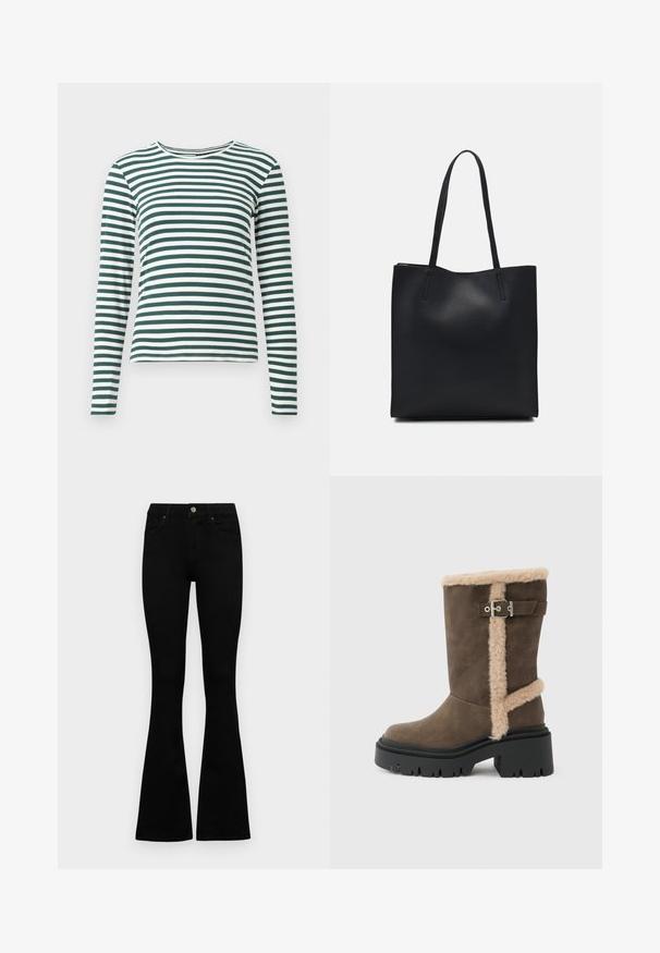 Žaliai ir baltai horizontaliomis juostelėmis dryžuota ilgomis rankovėmis megztinė, su apvalia iškirpte ir prigludusia siluetu.; Juodos aukšto liemens džinsai su mygtuku ir užtrauktuku, priekinėmis kišenėmis ir platėjančiomis kojomis, išdėstyti ant baltos fono.; Rudas zomšinis kulkšnies aulinukas su smėlio spalvos kailio apdaila, sidabriniu sagties akcentu ir juodu masyviu padu su storu protektoriaus raštu.; Juodas odinis tote krepšys su lygia tekstūra, stačiakampio formos ir dviem ilgais rankenomis. Matomų metalinių detalių ar puošybos nėra.