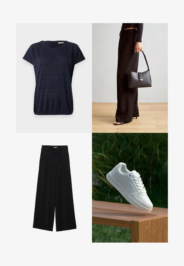 Marineblå t-skjorte med kort erm laget av teksturert stoff med åpenmønstre og rund hals, med en samlet bunnkant.; Svart vide bukser med teksturert stoff, elastisk midje og avtagbart belte som gir justerbar passform.; Hvite sneakers med en glatt syntetisk overdel, perforert tåboks, flate snørebånd og en teksturert såle, vist på en treflate.; Svart håndveske med strukturert form, jevn tekstur og metallisk lås. Kombinert med brede svarte bukser og sandaler med åpen tå på tregulv.