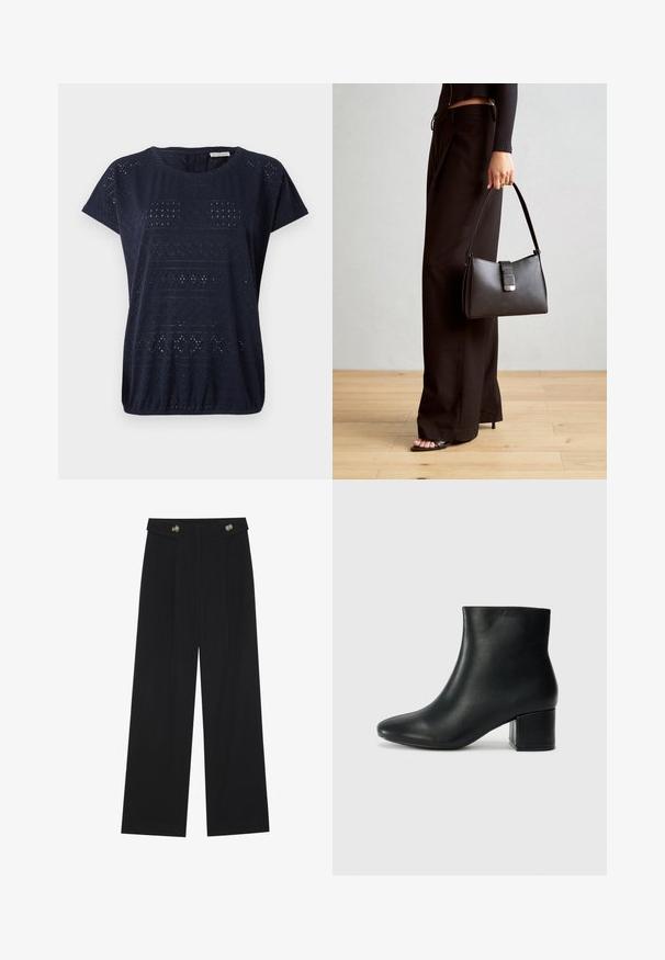 Tums zilas īsām piedurknēm izstrādājums no teksturēta auduma ar caurumu rakstiem un apaļu kakla izgriezumu, ar savītu apakšmalu.; Melnas platās bikses ar augstu jostasvietu, pogu detaļām uz jostas un priekšējām krokām.; Melna ādas potīšu zābaki ar smailu purngalu un masīlu papēdi. Gluda tekstūra ar minimāliem akcentiem un gludu, pieguļošu dizainu.; Melnā somiņa ar strukturētu formu, gludu tekstūru un metālu sprādzi. Saskaņota ar platām melnām biksēm un sandālēm ar atvērtu purngalu uz koka grīdas.