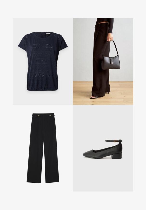 Temno modra majica s kratkimi rokavi, izdelana iz teksturiranega materiala z odprtimi vzorci in okroglo ovratnico, z nabranim spodnjim robom.; Črne široke hlače s visokim pasom, gumbnimi detajli na pasu in sprednjimi gubami.; Črne usnjene pumpice z nazobčanimi prsti in nizko blokasto peto. Imajo trak okoli gležnja z zaponko v zlatem tonu. Gladka tekstura.; Črna torbica z strukturirano obliko, gladko teksturo in kovinskim zaponko. Ujemajo se z širokimi črnimi hlačami in odprtimi sandali na lesenem tleh.