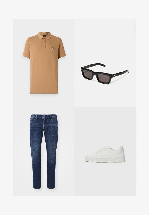 Dzeltena kokvilnas polo krekls ar klasisku apkakli, īsām piedurknēm un nelielu izšūtu dizainu kreisajā krūtī.; Tumši zilo denima džinsi ar šauru piegriezumu, kas rotāti ar krāsas traipiem, redzamām šuvēm un standarta piecu kabatu dizainu. Taisnas kājas piegriezums.; Baltas ādas sneakers ar gludu virsmu, apaļu pirkstu daļu, plakaniem šņorēm un teksturētu zoli. Satur diskrētu logotipu uz papēža.; Melnas taisnstūra formas saulesbrilles ar tumšiem stikliem, bieza plastmasas rāmja, zelta akcenti pie tempļiem un zīmola logo iegravēts roku daļā.