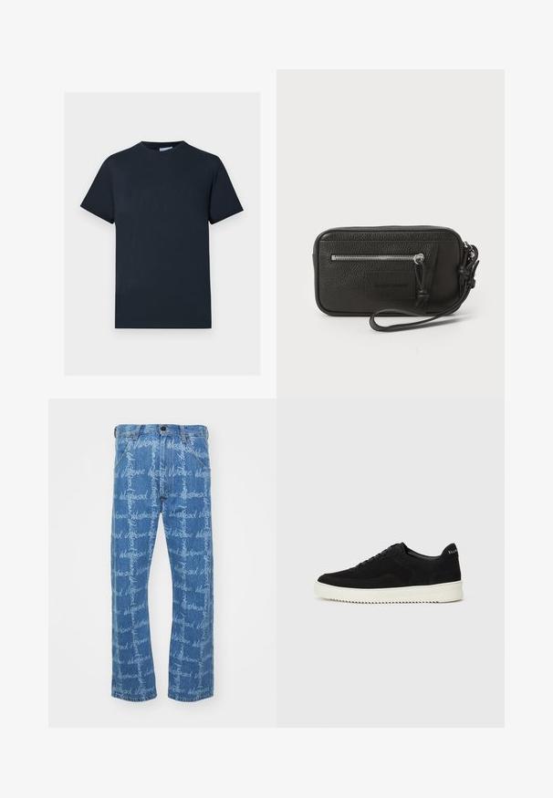 Tume sinine puuvillane T-särk, lühikeste varrukatega, ümar kaelus, millel on tekstuuritud logodisain rinnus heledamas toonis.; Sinised teksad sirge sääre lõikega, millel on valge korduv "Vivienne Westwood" tekstimuster. Klassikaline viie tasku disain.; Mustad suede jooksujalatsid, millel on paelad ja kontrastne valge kummitald. Omab tekstuuriga külgpaneele ja tagasihoidlikku brändimist kandadel.; Must musta nahk-käekott tekstureeritud pinnaga, ees suure tõmblukuga tasku ja eemaldatav randmepael. Esiküljel on logo-patch. Ristkülikukujuline.