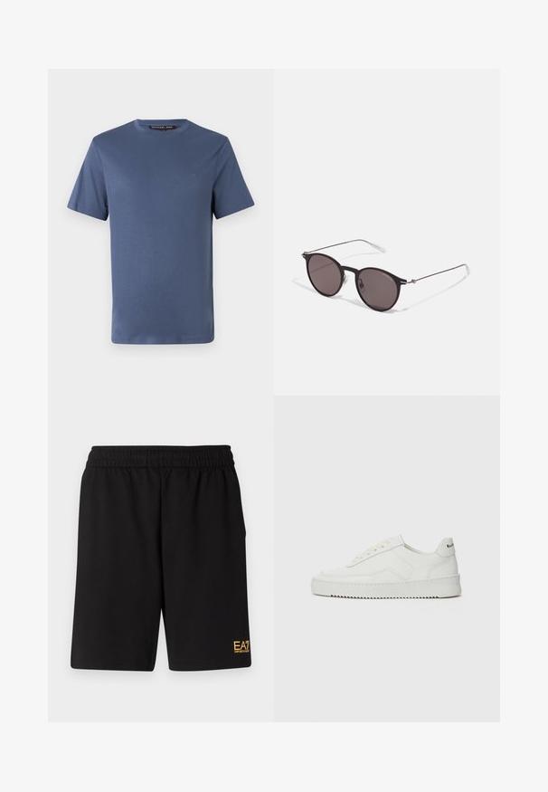 Mėlynas medvilnės marškinėliai trumpomis rankovėmis, suapvalintu kaklu ir mažu auksiniu logotipu ant krūtinės. Lygus tekstūros ir standartinio kirpimo.; Juoda sportinė šortai, pagaminti iš minkštos medžiagos, su elastingu diržu ir maža geltona EA7 logo apatinėje kairėje kojoje.; Balti odiniai sportiniai bateliai su lygia apdaila, apvaliu pirštu, plokščiais raišteliais ir tekstūruotu padu. Pasižymi subtiliu logotipu ant kulno.; Juodos apvalios saulės akinių su tamsiais lęšiais ir plonomis metalinėmis šakomis. Įtraukti skaidrūs šventyklų galai ir sidabriniai akcentai vyrio srityje. Minimalistinis dizainas.