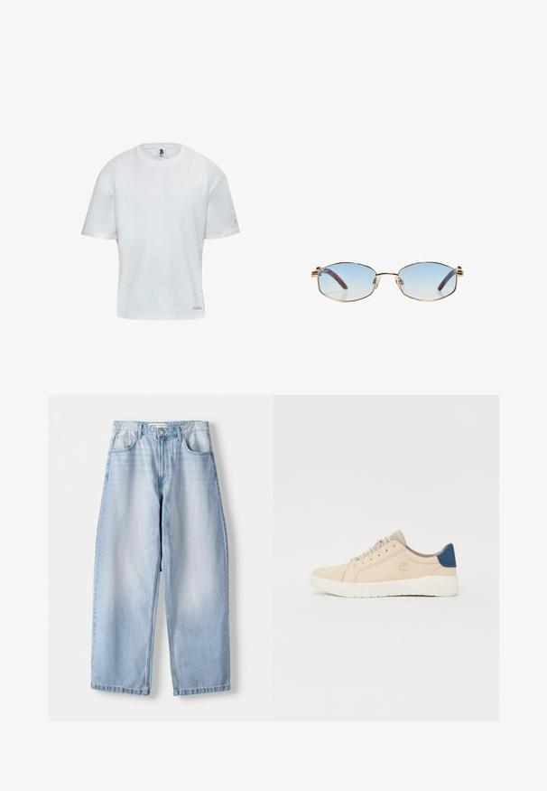 T-shirt bianco in cotone con scollatura rotonda e maniche corte. Taglio dritto con un piccolo logo sul lato. Texture liscia.; Jeans a gamba larga in denim blu chiaro con vita media, design a cinque tasche e leggera scoloritura; rifiniti con un orlo dritto e passanti per cintura.; Sneakers beige in suede, con suola bianca, lacci beige e un dettaglio blu sul tallone. Logo impresso di lato.; Occhiali da sole ovali con lenti a gradiente blu chiaro, montatura in metallo dorato e aste in acetato marrone. Presentano piccoli dettagli sui lati della montatura.