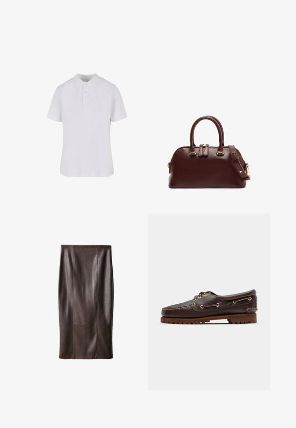 Valkoinen lyhythihainen polo-paita, joka on valmistettu puuvillasta. Ominaisuuksiin kuuluu kaulus, kolmonen nappisuljenta ja vahvistetut saumat. Silkkinen pinta.; Ruskea nahkainen kynähame, jossa on sileä pinta, polvenpituinen, ja jossa on pystysaumat suunnittelua varten. Ei lisävarusteita tai koristeita.; Ruskeaharmaat nahkaiset venesandaalit kultaisilla silmärei'illä, pyöreällä nauhalla ja teksturoidulla ruskealla kumipohjalla. Sisältää kirjontayksityiskohtia ja kohotetun logon.; Burgundin väri nahkainen käsilaukku, jossa on kaksinkertaiset yläsangot, irrotettava olkahihna, kultaiset yksityiskohdat ja pyöreä muoto. Vetoketjukiinnitys.