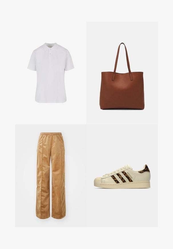 Valge lühikeste varrukatega polo särk, mis on valmistatud puuvillast. Omab kaelust, kolme nupuga luku ja tugevdatud õmblusi. Sile tekstuur.; Kerged jalad pant, mis on valmistatud pehmest ja sametisest materjalist. Sisaldab elastset vööd ja vertikaalseid õmblusi esiküljel, lisades detaili.; Kreemikat värvi Adidas Superstar tossud leopardimustriga triipude ja kanna sildiga, beež kummist šell-varvas ja külje peal "SUPERSTAR" tekst.; Pruun nahast tote-kott, millel on sile tekstuur, avatud ülaosa disain ja kaks õlarihma. Omab minimaalset õmblust ja nähtavat riistvara ei ole.