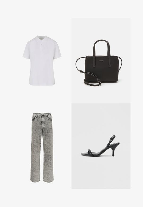 Valge lühikeste varrukatega polo särk, mis on valmistatud puuvillast. Omab kaelust, kolme nupuga luku ja tugevdatud õmblusi. Sile tekstuur.; Halli teksased otse jalaga disainiga, kaunistatud hõbedaste nuppega. Omab klassikalist viit taskut ja nupuga sulgemist.; Mustad nahast kõrgete kontsadega sandaalid, millel on saledad, kõverad kontsad ja ristatud rihma disain. Reguleeritav pahkluu rihm. Sile tekstuur.; Musthave mustrans vöö ja eemaldatav õlarihm. Gludike nahk siledaga, millel on tõmblukk ja logo detail.