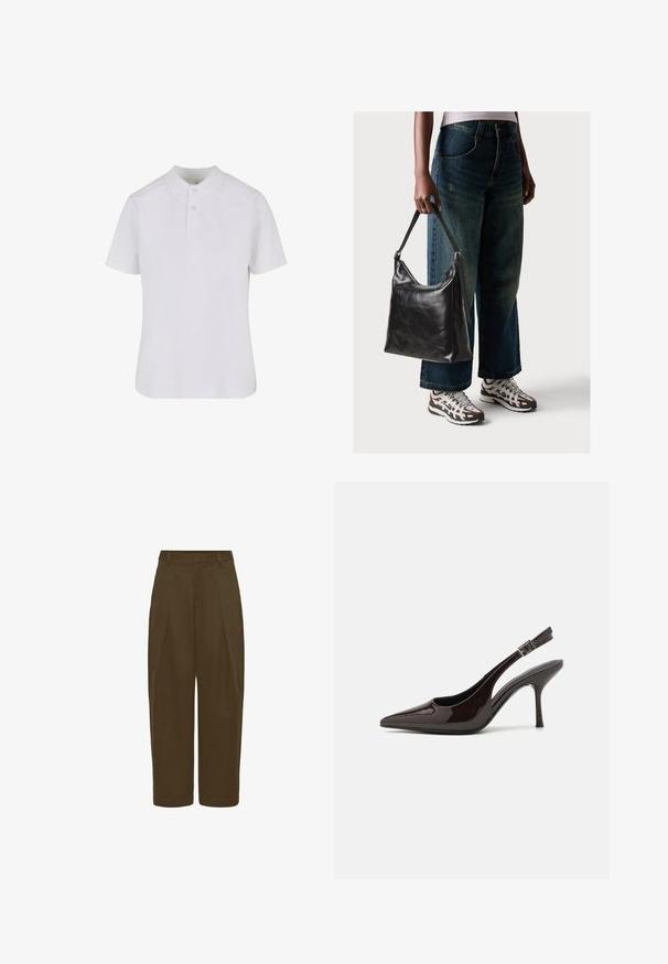 Hvid kortærmet polo skjorte lavet af bomuld. Har en krave, tre-knaplukning og forstærket syning. Glat tekstur.; Khaki cropped bukser med høj talje, med frontfald og en glat tekstur. Lige snit, ingen synlig hardware eller lommer.; Slingback højhælet sko i glat mørkebrun patenteret læder, spids tå, åbne sider og justerbar ankelrem.; Sort læder skuldertaske med en glat tekstur og justerbar skulderrem, parret med faded brede bukser og atletiske sneakers.