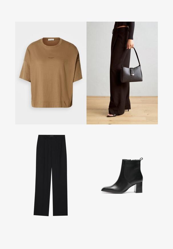 Brūns pārāk liels T-krekls ar īsām piedurknēm, apaļu kakla izgriezumu un smalku melnu logotipa detalizāciju. Mīksta auduma, gluda tekstūra.; Melni bikses ar taisnu kāju dizainu, kurām ir divi priekšējie kabatas un jostasvieta. Izgatavotas no gludas, vieglas auduma.; Melnas ādas potītes zābaks ar noapaļotu purngalu, vidēja augstuma bloku papēdi un aizdari aizmugurē. Gluda tekstūra, minimāls dizains.; Melnā somiņa ar strukturētu formu, gludu tekstūru un metālu sprādzi. Saskaņota ar platām melnām biksēm un sandālēm ar atvērtu purngalu uz koka grīdas.