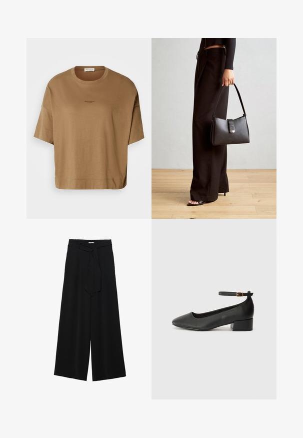 Brūns pārāk liels T-krekls ar īsām piedurknēm, apaļu kakla izgriezumu un smalku melnu logotipa detalizāciju. Mīksta auduma, gluda tekstūra.; Melni platleņķa bikses ar teksturētu audumu, elastīgu jostu un noņemamu siksnu viduklī, kas nodrošina regulējamu piegulšanu.; Melnas ādas sūkņi ar smailu purngalu un zemu bloku papēdi. Iezīmēts ar potītes siksniņu ar zelta krāsas sprādzi. Gluda tekstūra.; Melnā somiņa ar strukturētu formu, gludu tekstūru un metālu sprādzi. Saskaņota ar platām melnām biksēm un sandālēm ar atvērtu purngalu uz koka grīdas.