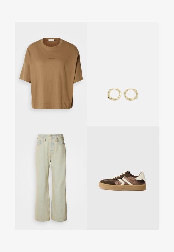 Ruskea ylisuuri T-paita, jossa on lyhyet hihat, pyöreä kaula-aukko ja hillitty musta logotyyli. Pehmeä kangas, jossa on sileä rakenne.; Vaaleansiniset leveät farkut, joissa on korkea vyötärö, viisi taskua ja hienovarainen haalistuminen kontrastivärisin tikkauksin.; Ruskeat ja kermaiset tennarit, joissa on mokkanahka- ja satiinimateriaaleja, kolmena vinona nauhana ja teksturoitu kumipohja.; Kultaiset renkaat, joissa on teksturoitu, epäsäännöllinen muoto. Varustettu saumattomalla suljinnalla ja kiillotetulla pinnalla, mikä korostaa modernia muotoilua.