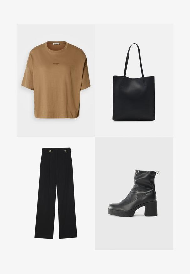 T-shirt oversized castanho com mangas curtas, gola redonda e detalhes discretos do logótipo em preto. Tecido macio com uma textura suave.; Calças largas pretas com cintura alta, detalhes em botão na cintura e pregas frontais.; Botas de tornozelo pretas feitas de couro liso, com fecho lateral, salto grosso texturizado e design de bico arredondado.; Bolsa tote preta em couro com textura lisa, forma retangular e duas alças longas. Sem hardware ou enfeites visíveis.