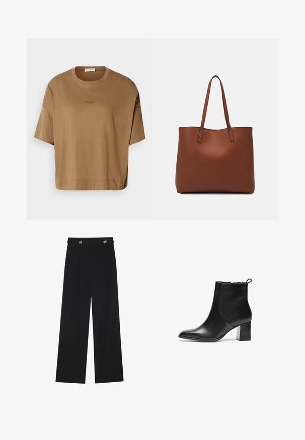 Tricou oversized maro cu mâneci scurte, decolteu rotund și detalii subtile cu logo în negru. Material moale cu o textură netedă.; Pantaloni negri cu picioare largi, talie înaltă, detalii cu butoane pe talie și pliseuri în față.; Bocanc negru din piele până la gleznă, cu vârful rotunjit, toc bloc de înălțime medie și o bucată de prindere în spate. Textură netedă, design minimalist.; Geantă de umăr din piele maro cu o textură netedă, design cu vârf deschis și două curele pentru umăr. Prezintă cusături minime și fără componente metalice vizibile.