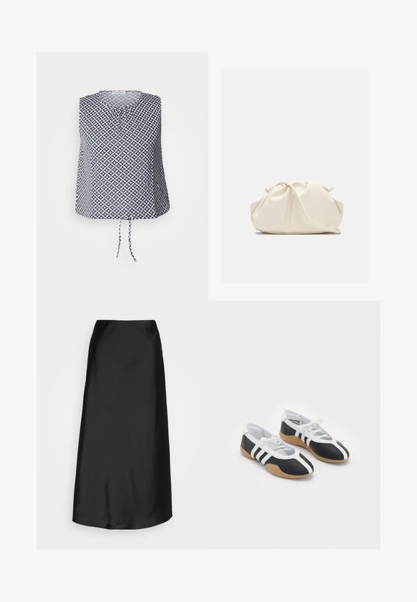 Ärmlös topp i marinblått och vitt, med ett geometriskt stjärnmönster, rund halsringning och en knytdetalj vid fållen. Mjuk, lättviktsmaterial.; Svart satin midi-kjol med en jämn textur, A-linjeform och en subtil lyster. Har en elegant, okomplicerad design utan utsmyckningar.; Svartvita sportskor med en strömlinjeformad design, gummisula, snörning och tre vita ränder på sidorna.; Krämfärgad, mjuk konstläderväska med rynkad design, justerbar rem och subtil dragsnörning. Slät textur och rund form.