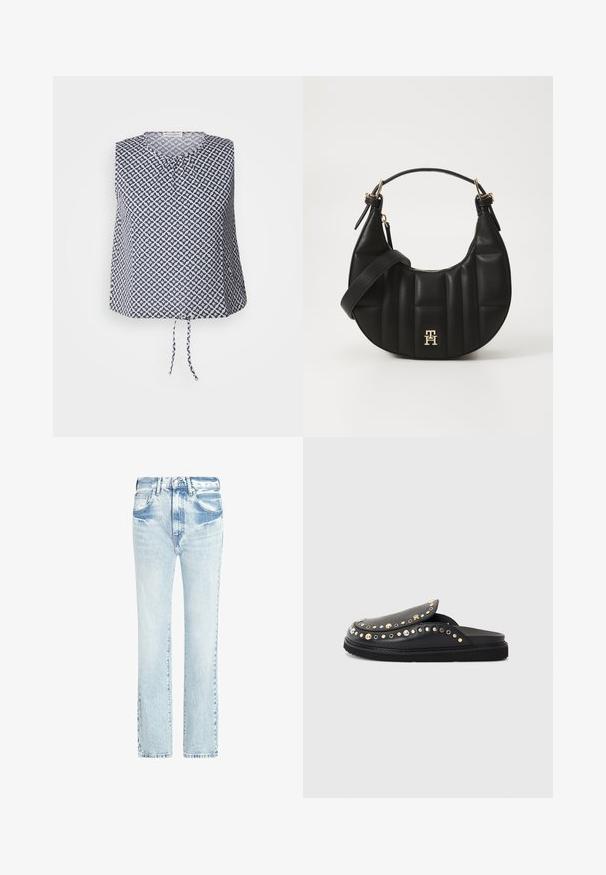 Ujjatlan, navy és fehér színű felső, geometrikus csillagmintával, kerek nyakkivágással és megkötő részlettel az alján. Puha, könnyű anyag.; Világoskék farmernadrág egyenes lábakkal, öt zsebbel és elhalványult textúrával. Látható varrásokkal és klasszikus gombos záródással rendelkezik.; Fekete bőr slip-on cipők kerek orral, fémes szegecsekkel és lapos talppal, amely mintázott barázdákkal készült. Díszítő varrások találhatóak rajtuk.; Fekete bőrtáska ívelt formával, steppelt textúrával és arany hardware-rel. Levehető vállpánttal és logó részlettel rendelkezik.