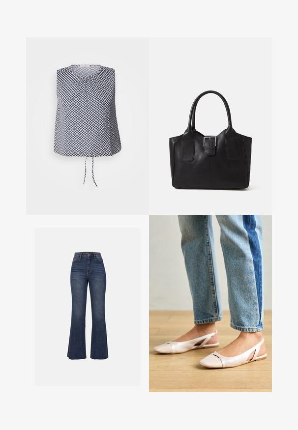 Top sem mangas em azul-marinho e branco, com um padrão geométrico de estrelas, decote redondo e um detalhe de laço na bainha. Tecido suave e leve.; Anna Field Calças de ganga à boca de sino - blue wash; Sapatilhas slingback de cor rosa pálido com bico fino, feitas de um material semelhante a couro liso. Apresentam detalhes recortados nas laterais e um salto plano.; Bolsa tote de couro preta com textura suave, forma estruturada, duas alças e um destaque prateado proeminente na parte da frente.