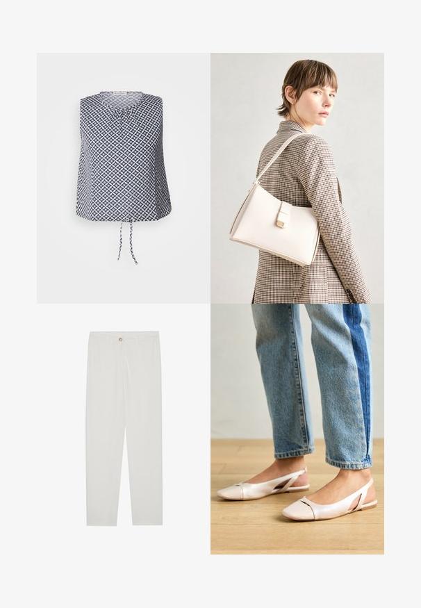 Sleeveless top in navy and white, featuring a geometric star pattern, round neckline, and a tie detail at the hem. Soft, lightweight fabric.; White, tailored trousers with a straight leg design, featuring a button closure, belt loops, and side pockets; smooth fabric texture.; Pale pink slingback flats with a pointed toe, made from a smooth leather-like material. Features cut-out details at the sides and a flat heel.; White leather handbag with a structured design, featuring a magnetic clasp and a shoulder strap, showcased against a neutral background.