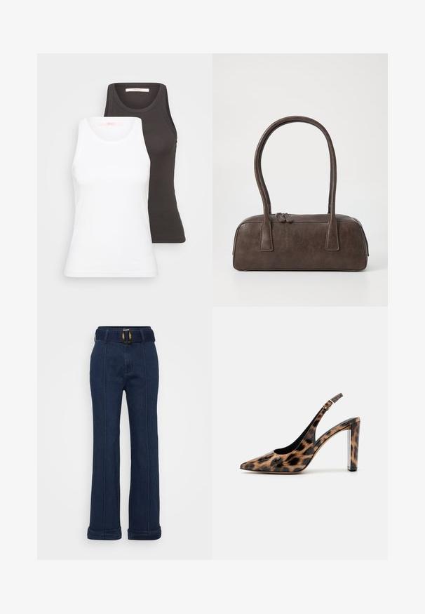 Zwei Tanktops in Weiß und Dunkelgrau mit gerippter Textur, rundem Ausschnitt und ärmellosem Design. Die Etiketten befinden sich im Innenausschnitt.; Dunkelblaue Jeanshose mit weit geschnittenem Bein, ausgestattet mit einem Gürtel mit großer metallischer Schnalle und sichtbaren Nähtelementen.; Pumps mit Leopardenmuster im Slingback-Stil, spitz zulaufend und mit transparentem Blockabsatz. Hergestellt aus glänzendem Material mit glatter Oberfläche.; Braune Lederhandtasche mit zwei stabilen Griffen, rechteckiger Form, glatter Oberfläche und Reißverschluss. Minimalistisches Design ohne sichtbare Muster.