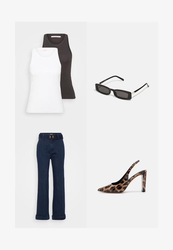 To t-skjorter i hvit og mørkegrå, med ribbet tekstur, rund hals og uten ermer. Merker er på innsiden av halsen.; Mørkeblå denimbukser med bred ben design, som har et belte med en stor metallspenne og synlige sømmer.; Leopardmønstret slingback pumpsko med spidse tæer og gennemsigtig blokhæl. Lavet af glossy materiale med en glat tekstur.; Svart rektangulære solbriller med mørke linser, blanke plastrammer og gullaksenter på sidene. Minimalistisk design og strømlinjeformet form.