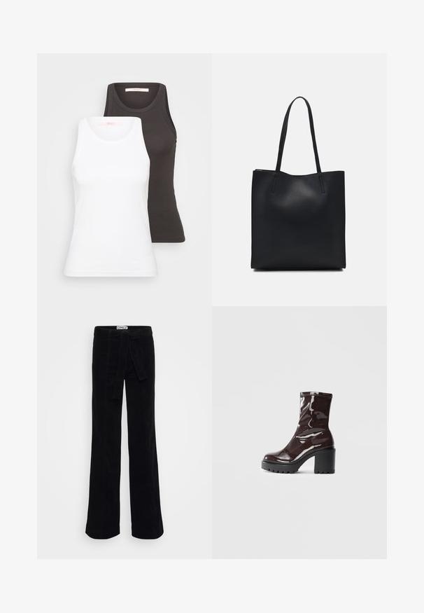 Dva topa bez rukava u bijeloj i tamnosivoj boji, s rebrastom teksturom, okruglim dekolteom i dizajnom bez rukava. Oznake se nalaze unutra dekoltea.; Crne široke hlače od kordura s tkanim remenom, s diskretnim detaljima šivanja i prilagodljivim strukom za stilizirani izgled.; Sjajna burgundska čizma do gležnja s debelim crnim potplatom, koja se odlikuje glatkom teksturom i jednostavnim dizajnom. Nema vidljivih kopčanja ili uzoraka.; Crna kožna torba za nošenje s glatkom teksturom, pravokutnim oblikom i dvije duge ručke. Nema vidljivih metalnih dijelova ili ukrasa.
