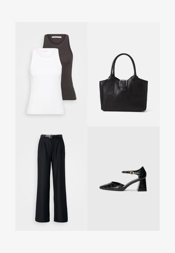 Dois tops em branco e cinza escuro, com textura canelada, decote redondo e design sem mangas. As etiquetas estão na parte interna do decote.; Calças largas pretas feitas de um tecido suave, com pregas frontais e um cinto preto a condizer com uma fivela prateada.; Sapato de salto alto em couro envernizado preto com bico apontado, tira no tornozelo e padrão texturizado de crocodilo. Design de salto quadrado.; Bolsa tote de couro preta com textura suave, forma estruturada, duas alças e um destaque prateado proeminente na parte da frente.