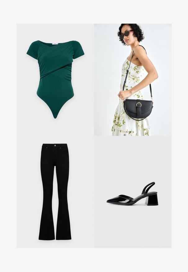 Zelený body s krátkymi rukávmi, s naťahovaním v oblasti pása a vysoko vykrojeným výstrihom, vyrobený z hladkej, elastickej látky.; Čierne vysoké nohavice s gombíkom a zipsom, predné vrecká a rozšírené nohavice položené na bielom pozadí.; Čierne lakované kožené sandálové podpätky s špicatou špičkou a geometrickým blokovým podpätkom. Disponujú elegantným, minimalistickým dizajnom a hladkým povrchom.; Čierna kožená kabelka s zaobleným tvarom, odnímateľným popruhom a zlatými doplnkami. Kabelka má klopu s detailom s prackou.