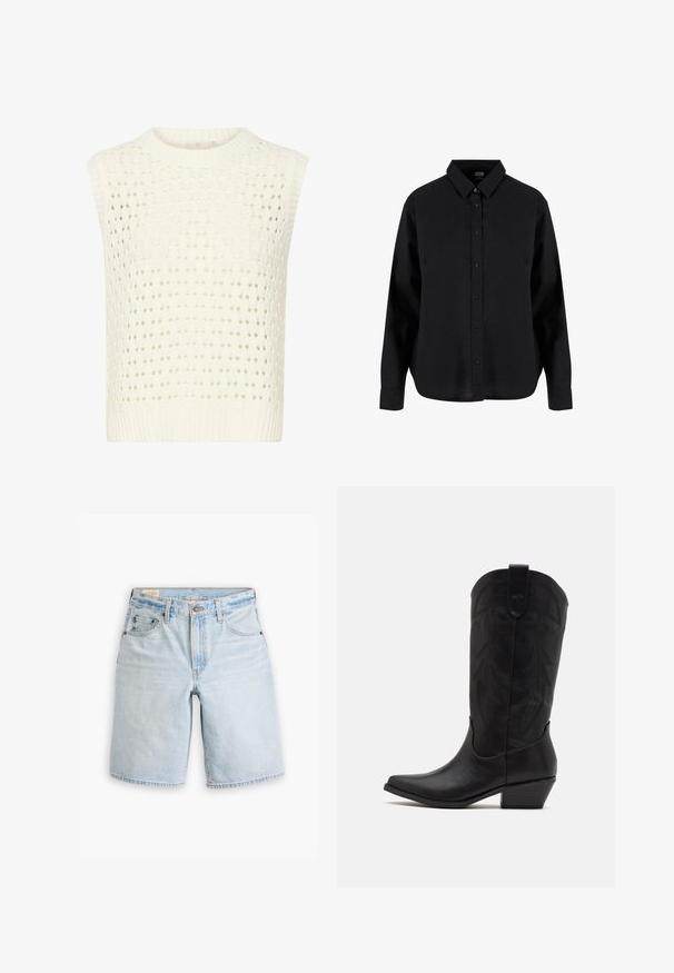 Kaffe SILJA - Toppi - chalk; Musta pitkähihaisen napitettava paita, joka on valmistettu puuvillasta. Siinä on klassinen kaulus, etunapit ja rento istuvuus, jossa on kaareva helma.; Vaaleansiniset farkkushortit suoran leikkauksen omaavina, joissa on viisi taskua, vyölenkit ja napitus. Pehmeä materiaali, jossa on haalistuneita kohtia.; Musta nahkakengät cowboy-tyyliin, joissa on terävä kärki, matala pinottu korko ja monimutkainen kohokuvioitu lehtimäinen kuvio varressa. Ylhäällä on silmäkumi helppoa pukemista varten.