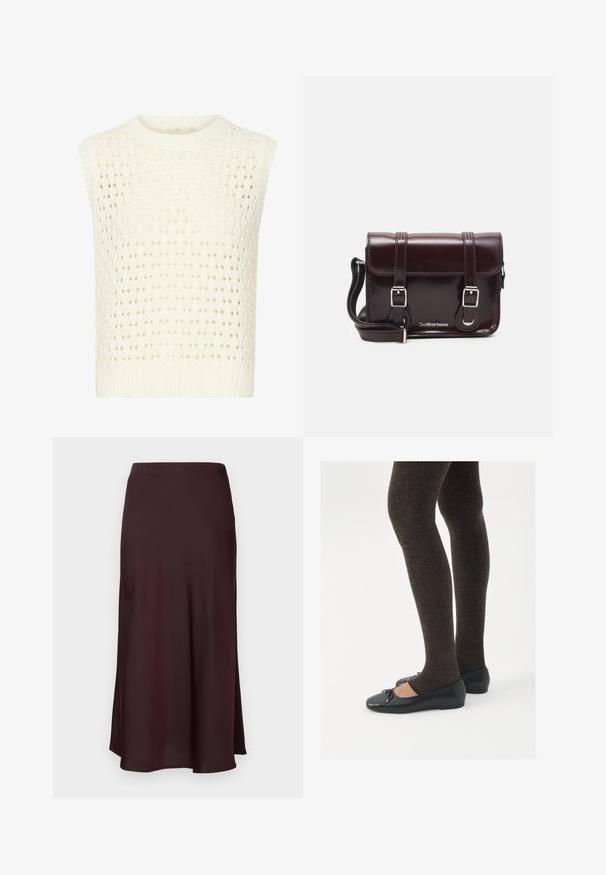 Kaffe SILJA - Top - chalk; Fustă midi din satin burgund, cu o textură netedă, o croială dreaptă și un tiv ușor evazat. Fără modele vizibile sau detalii hardware.; Pantofi negri cu un detaliu mic de fundiță la vârf, asortați cu colanți maro închis, cu textură ondulată. Pantofii au o textură netedă și un profil joase.; Geantă crossbody din piele lac burgundă, cu formă rectangulară, două curele, accesorii din argint și închidere cu clapetă.