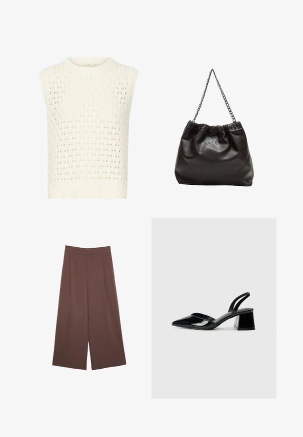 Kaffe SILJA - Top - chalk; Hnědé široké kalhoty s hladkou texturou, vysokým pasem a předními záhyby. Materiál je lehký a volně splývá.; Černé lakované kožené lodičky na pásku s špičatou špičkou a geometrickým blokovým podpatkem. Vyznačují se elegantním, minimalistickým designem a hladkým povrchem.; Hnědá kožená taška se sbíraným vrškem a řetízkovým popruhem. Hladký povrch s lesklým finišem a jemným švem na bocích.