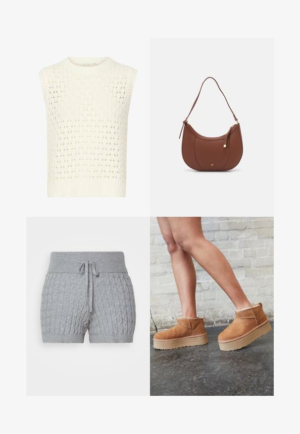Kaffe KASILJA mleczny; Szare krótkie spodenki dzianinowe z teksturowanym wzorem, posiadające prążkowany pas i regulowany sznurek. Krótka długość, miękki materiał.; Brązowe zamszowe botki sięgające kostki z puszystą wyściółką, grubą beżową platformą oraz tylną pętelką. Teksturowana powierzchnia z widocznymi detalami zszycia.; Brązowa torebka na ramię z eko-skóry o zaokrąglonym kształcie, z minimalnym przeszyciem i złotym akcentem na okuciach. Posiada zamek błyskawiczny u góry oraz regulowany pasek.