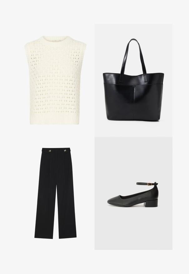 Kaffe SILJA - Top - chalk; Pantaloni neri a gamba larga con vita alta, dettagli con bottoni in vita e pieghe frontali.; Pump in pelle nera con punta affusolata e tacco basso a blocco. Presenta una cinghia alla caviglia con una fibbia in tonalità oro. Texture liscia.; Borsa a tracolla in pelle nera con due manici lunghi, una texture liscia e una forma strutturata. Presenta una tasca frontale per ulteriore spazio di archiviazione.