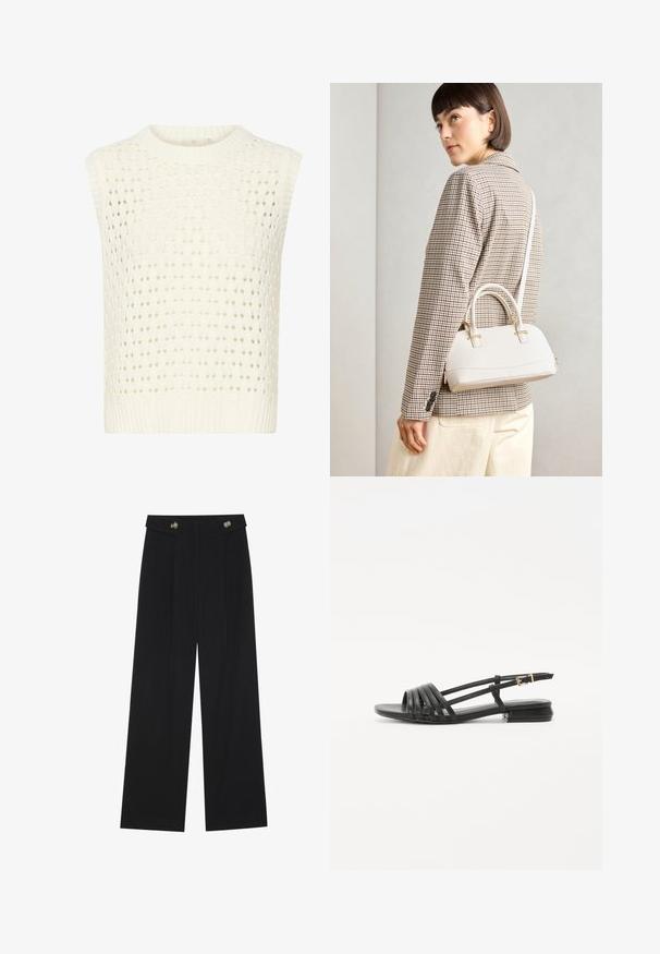 Kaffe SILJA - Top - chalk; Čierne široké nohavice s vysokým pásom, so zapínaním na gombíky na páse a prednými sklady.; Čierne ploché sandále so šnurovacím dizajnom, obsahujúce viaceré kožené pásiky a tenký remienok na členku. Podrážka je plochá a obdĺžniková.; Biela štruktúrovaná kabelka s krátkymi rúčkami a ramenným popruhom, s zlatými kovovými prvkami a textúrovaným materiálom, vystavená na šedom pozadí.