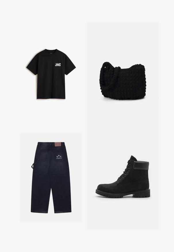 Vans CHAOS - Camiseta estampada - black; Pantalones de mezclilla oscura con un ajuste holgado. Presenta dos bolsillos traseros, un parche de cuero con el logo y un diseño de cinco estrellas en uno de los bolsillos.; Botín negro con cordones hasta el tobillo, con cuello acolchado y suela resistente, mostrado de perfil sobre un fondo blanco.; Bolsa de tela negra con un patrón texturizado y acolchado. Forma redondeada, asas cortas y gruesas, y una estructura blanda y flexible.