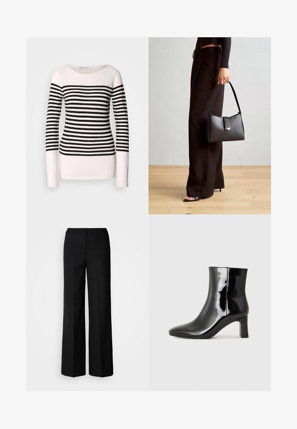 Hosszú ujjú csíkos felső, fekete és fehér vízszintes csíkokkal, hajónyak kialakítással és testhez simuló siluettel. Pamut és poliészter keverékanyag.; Fekete, széles szárú nadrág sima anyagból, magas derekú, üzemben készült varrásokkal és minimalista dizájnnal. Nincsenek látható fémrészek vagy zsebek.; Fekete lakk bőrcipő bokáig érő, hegyes orral és közepes magasságú tömbsarokkal. Simább textúrával és minimalista dizájnnal rendelkezik.; Fekete kézi táska strukturált formával, sima textúrával és fémből készült záródással. Széles fekete nadrággal és nyitott orrú szandállal párosítva, fából készült padlón.