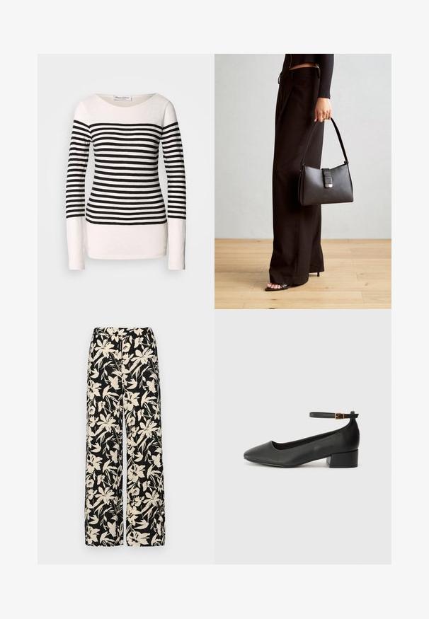 Bluză cu mânecă lungă, cu dungi, având dungi orizontale negre și albe, design cu gât barcă și siluetă ajustată. Material din amestec de bumbac.; Pantaloni negri cu croi larg, decorati cu un model floral crem. Fabricati dintr-un material usor, avand o textura neteda si un talie inalta.; Pantof cu toc negru din piele, cu vârf ascuțit și toc mic pătrat. Dispune de o curea la gleznă cu o cataramă în tonuri de aur. Textură netedă.; Genți negre cu o formă structurată, textură netedă și un închizător metalic. Asortată cu pantaloni negri largi și sandale cu vârf deschis pe un podea din lemn.
