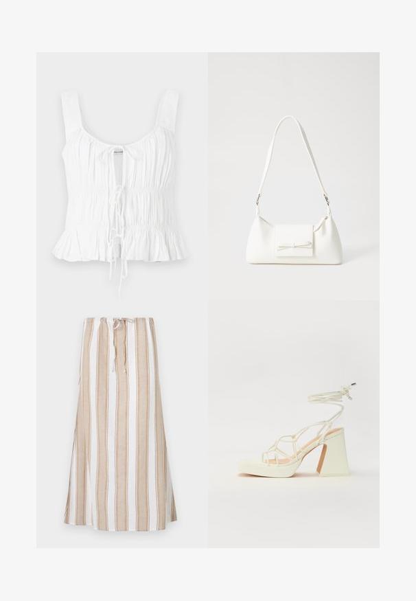 Haut sans manches blanc avec texture froncée, lien avant ajustable et ourlet évasé ; fabriqué en tissu léger.; Jupe rayée blanche et marron clair, dotée d'une taille à cordon de serrage et d'une coupe longue et fluide. Fabriquée en tissu léger avec une coupe décontractée.; Sandale blanche à talons hauts avec un talon épais, présentant un design à lanières et un lien autour de la cheville. Texture lisse avec une plateforme à l'avant pour une hauteur supplémentaire.; Sac à main synthétique blanc en forme triangulaire, avec un rabat avant plat et un détail en nœud, une bandoulière ajustable, une texture lisse et un design minimaliste.