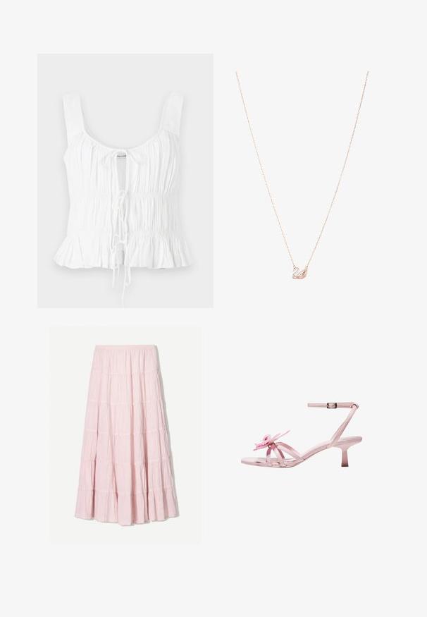 Fehér ujjatlan felső, ráncos textúrával, állítható elől megkötővel és bővülő aljjal; könnyű anyagból készült.; Világos rózsaszín, réteges maxi szoknya struktúrált, könnyű anyagból. Rugalmas derékrész és lebegő szegély fodros részletekkel.; Rózsaszín lakkbőr magas sarkú szandál virágmintával a lábujjakon, állítható bokapánttal és karcsú, rövid sarokkal.; Rózsaarany nyaklánc hattyú medállal, amelyet tiszta kristályok díszítenek. A lánc finom láncszemes kialakítású.